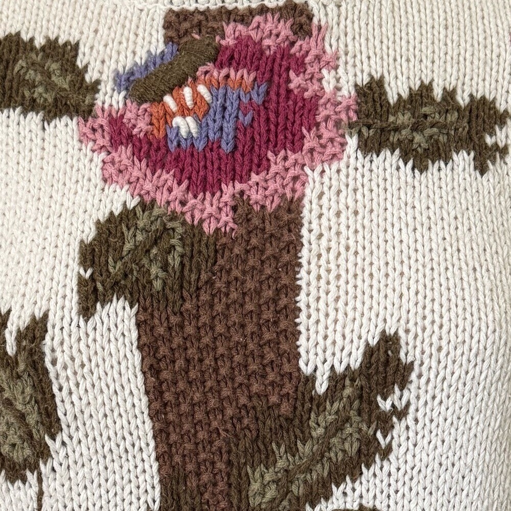 Vintage 80s Floral Chunky Knit Sweater Shoulder Pads Ramie Cotton Blend Large - Picture 7 of 8
